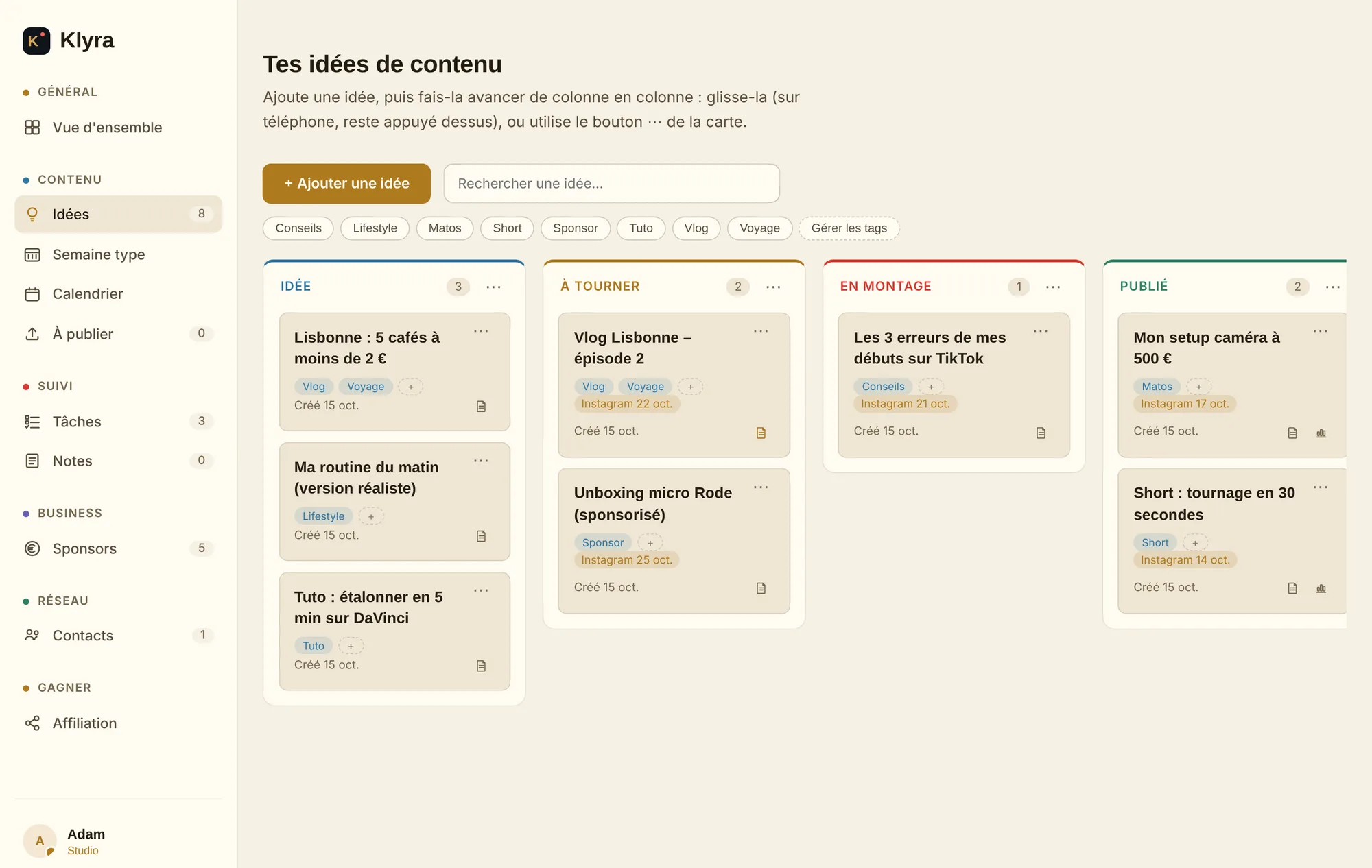 Le tableau des idées dans Klyra : colonnes Idée, À tourner, En montage et Publié